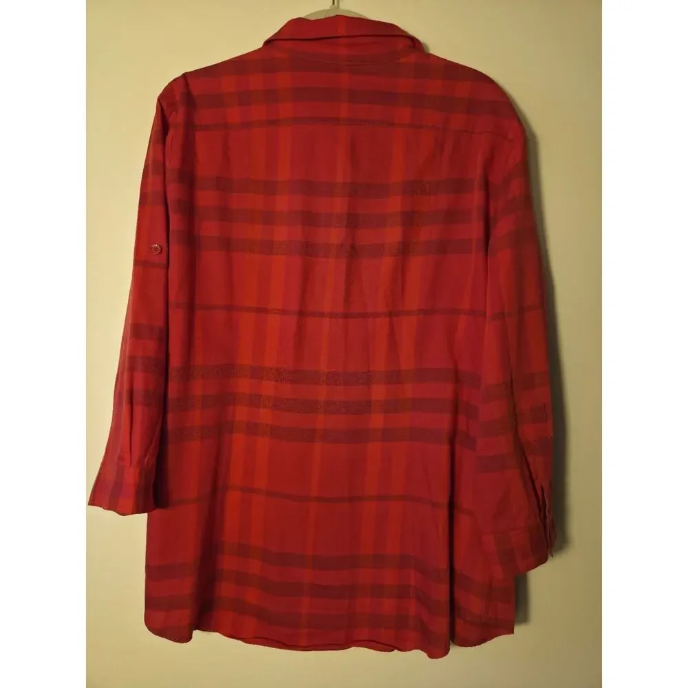 Burberry Brit Red Plaid Cotton Shirt Button Front Long Roll Tab Sleeve Womens XL - Picture 7 of 9